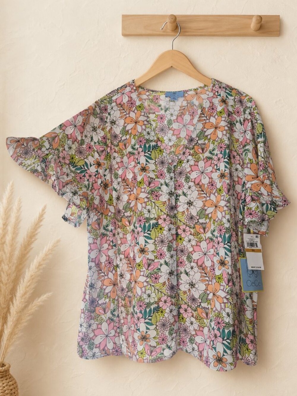 NWT CeCe Women's Plus Size 3X Sweet Pink Floral Short Sleeve Blouse Top MSRP $79